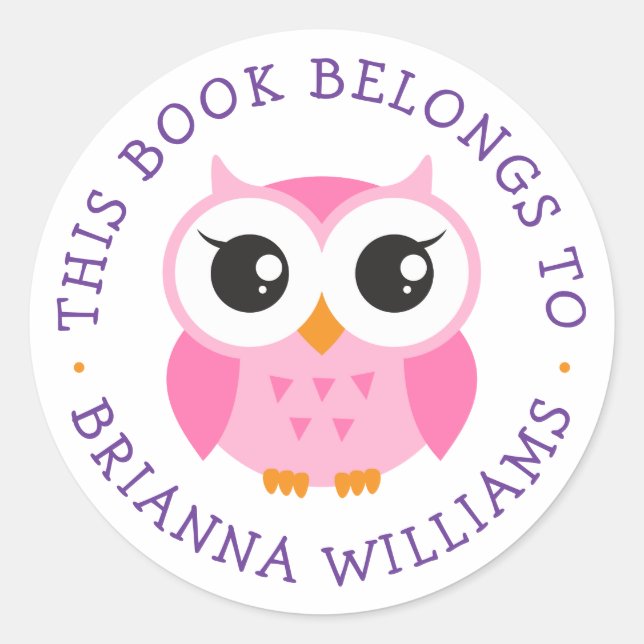 Cute pink baby owl bookplate sticker (Front)