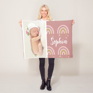 Cute Pink Baby Photo Rainbow Name Personalised  Fleece Blanket