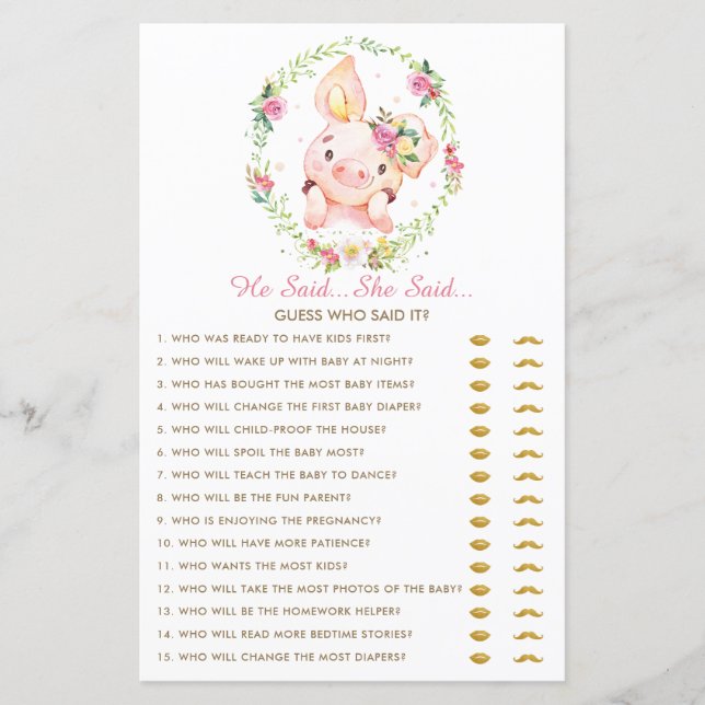 Cute Pink Baby Pig Piglet He Said She Said Game (Front)