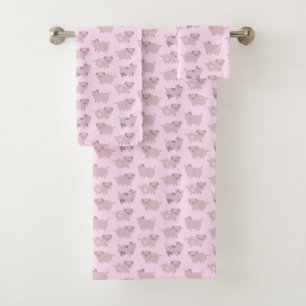 Cute Pink Baby Piglets Pattern & Dots Bath Towel Set