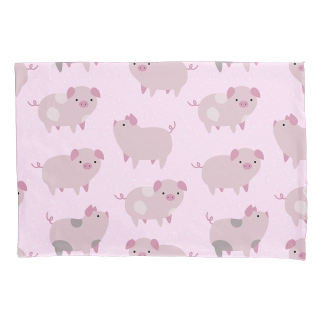 Cute Pink Baby Piglets Pattern & Dots Pillowcase (Front)