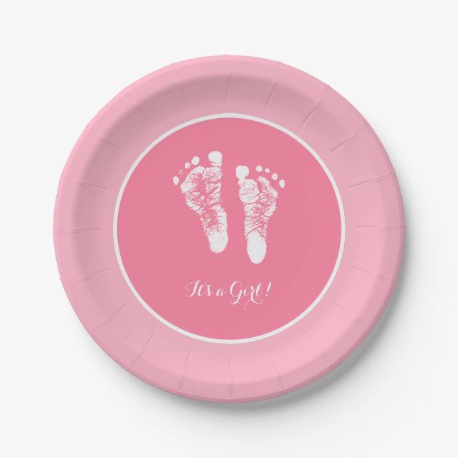 Cute Pink Baby Shower Newborn Girl Footprint Paper Plate (Front)