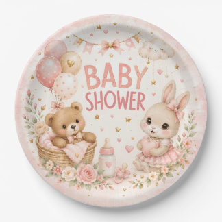 Cute Pink Baby Shower Paper Plates | Watercolor Te
