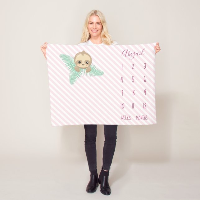 Cute Pink Baby Sloth Baby Milestone Fleece Blanket (In Situ)