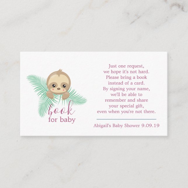 Cute Pink Baby Sloth Book Request Baby Shower Enclosure Card (Front)