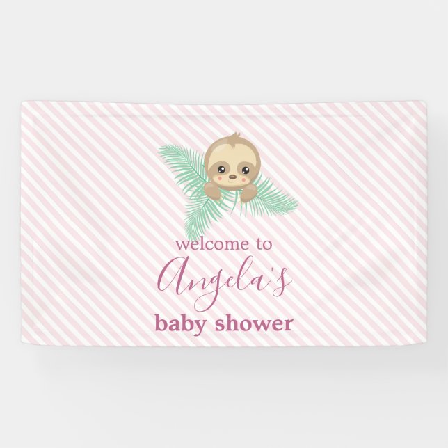 Cute Pink Baby Sloth It's a Girl Baby Shower Banner (Horizontal)
