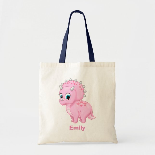 Cute Pink Baby Triceratops Dinosaur Tote Bag (Front)