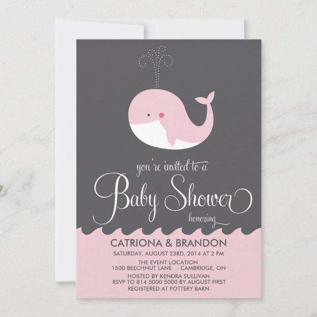 Cute Pink Baby Whale Baby Shower Invitations (Front)