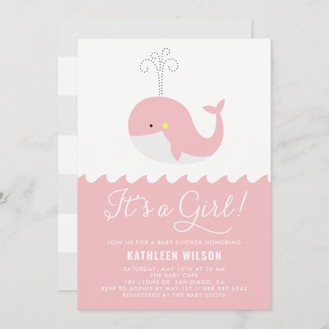 Cute Pink Baby Whale It's a Girl Baby Shower Invitation (Front/Back)