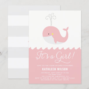Cute Pink Baby Whale It's a Girl Baby Shower Invitation