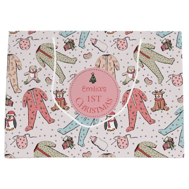 Cute Pink Baby's First Christmas Custom Large Gift Bag (Front)