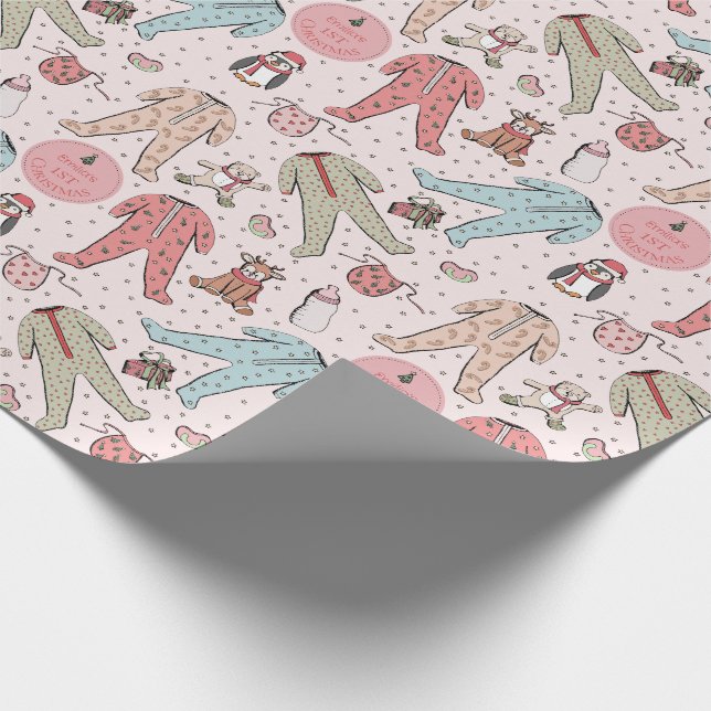 Cute Pink Baby's First Christmas Personalised Wrapping Paper (Corner)