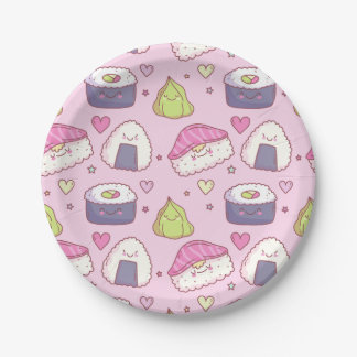 Cute Pink Background Sushi Kawaii Party Paper Plate
