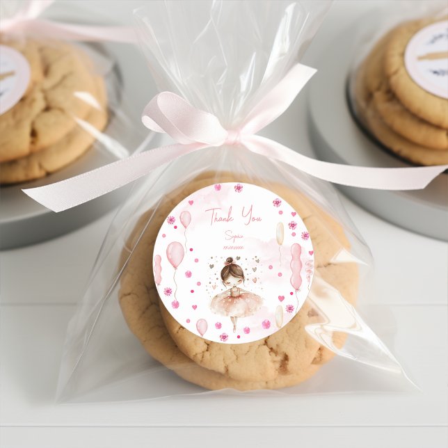 Cute pink ballerina and balloon birthday thank you classic round sticker (Creator Uploaded)