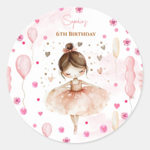 Cute pink ballerina and balloons birthday classic round sticker