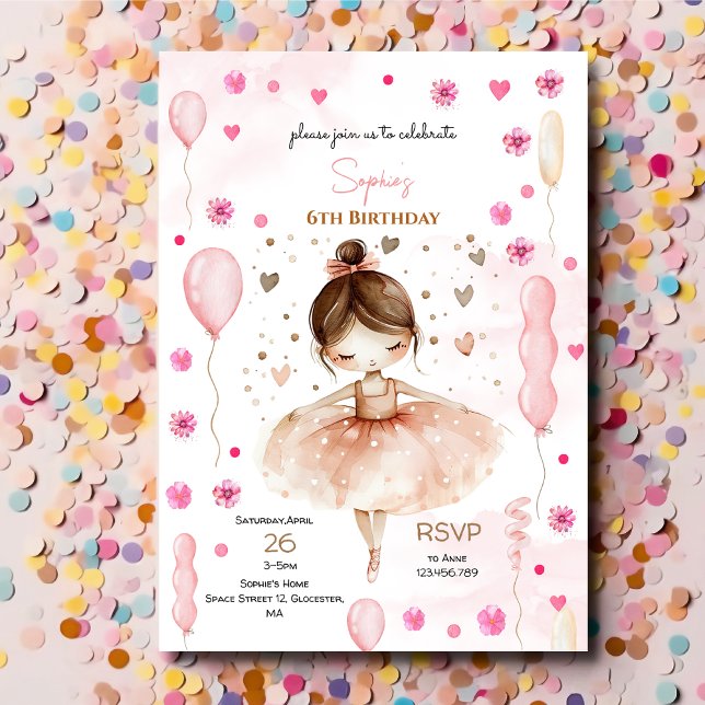 Cute pink ballerina and balloons birthday invitation (Creator Uploaded)