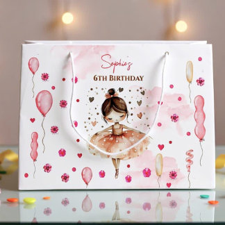 Cute pink ballerina and balloons birthday large gift bag