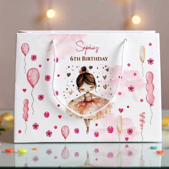 Cute pink ballerina and balloons birthday large gift bag (Creator Uploaded)