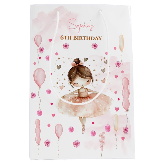 Cute pink ballerina and balloons birthday medium gift bag (Front)