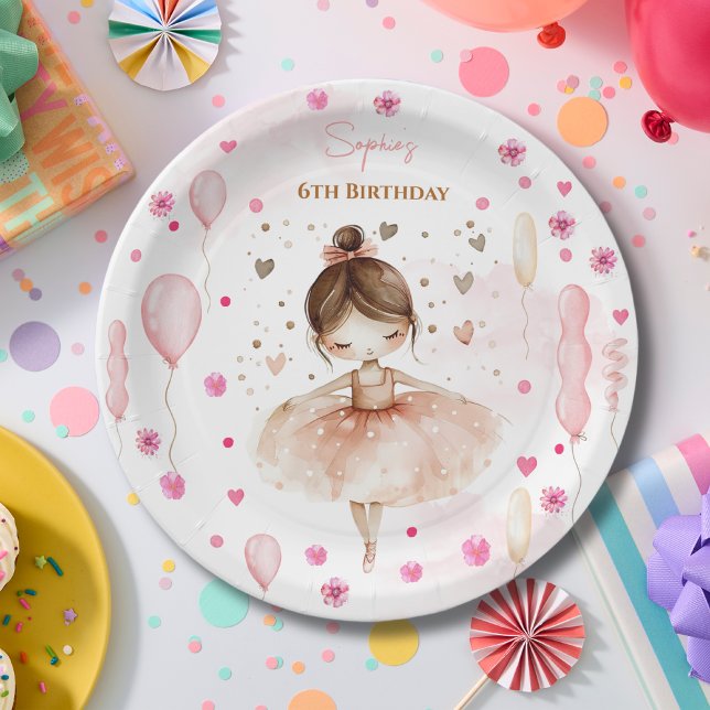 Cute pink ballerina and balloons birthday paper plate (Creator Uploaded)