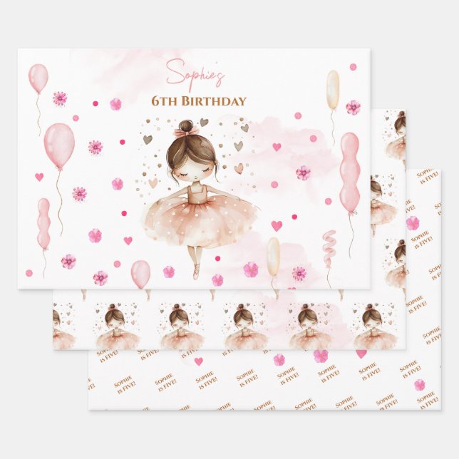 Cute pink ballerina and balloons birthday wrapping paper sheet (Set)