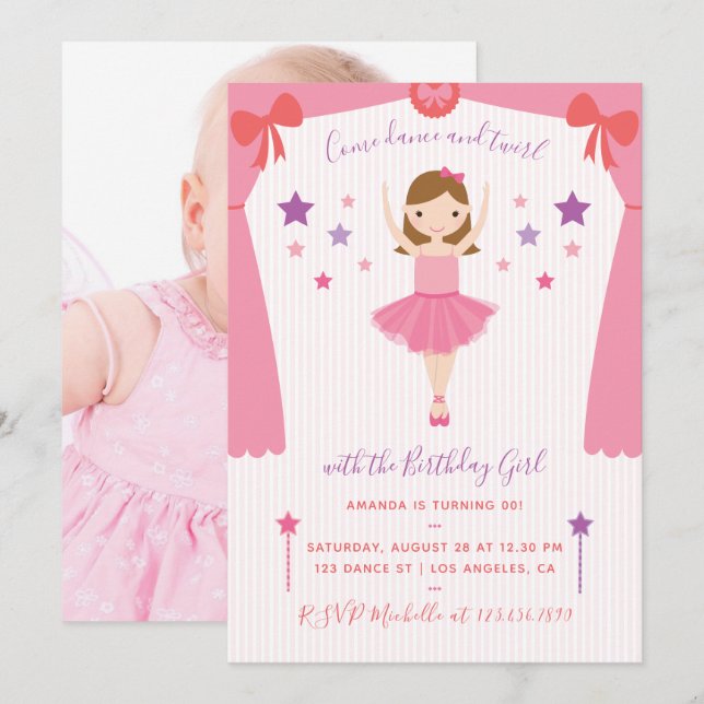 Cute Pink Ballerina Birthday add photo Invitation (Front/Back)