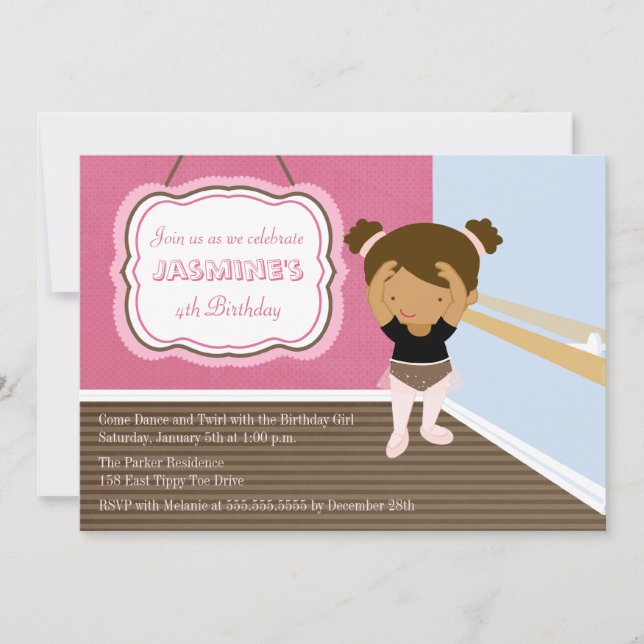 Cute pink ballerina girl birthday party invitation (Front)
