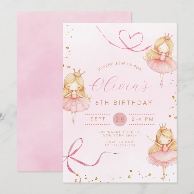 Cute Pink Ballerina Princess Girl Birthday Invitation (Front/Back)
