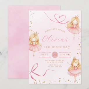 Cute Pink Ballerina Princess Girl Birthday Invitation