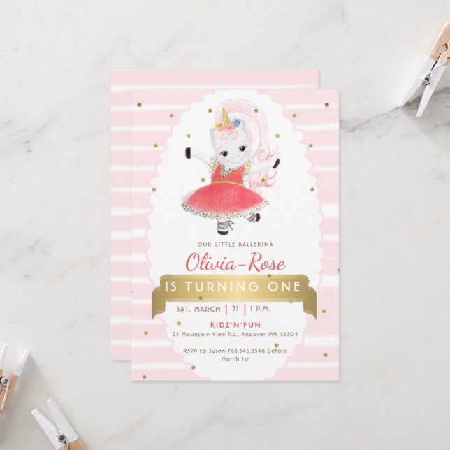 Cute Pink Ballerina Unicorn Gold Girl Birthday Invitation (Front/Back In Situ)