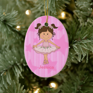 Cute Pink Ballet Girl On Stars and Stripes Ceramic Tree Decoration