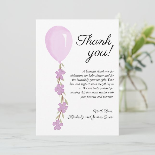 Cute Pink Balloon Baby Shower  Thank You Card (Standing Front)