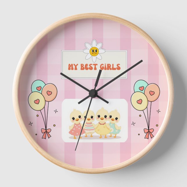Cute Pink Balloon & Daisy Personalised Template  Clock (Front)