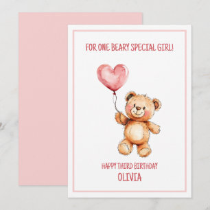 Cute Pink Balloon Teddy Bear Happy 3rd Birthday Card