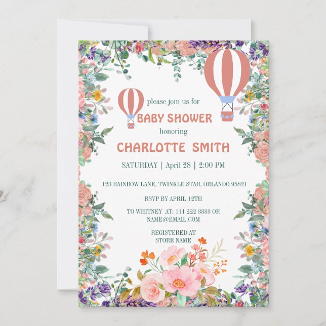 Cute pink Balloon watercolor floral baby shower Invitation (Front)