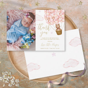Cute Pink Balloons Bear Newborn Baby Photo Thank You Card