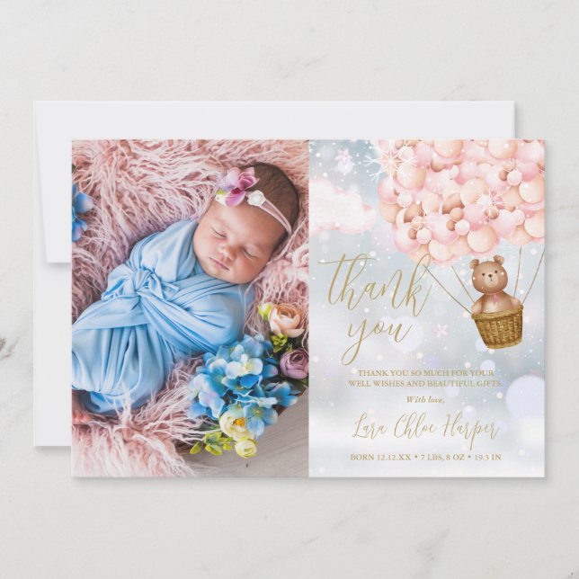 Cute Pink Balloons Bear Winter Baby Photo Thank You Card (Front)