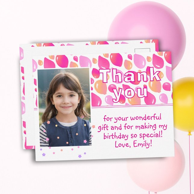 Cute Pink Balloons Girly Photo Birthday Thank You Postcard (Creator Uploaded)