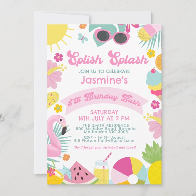 Cute Pink Banner Retro Splish Splash 5th Birthday Invitation (Front)