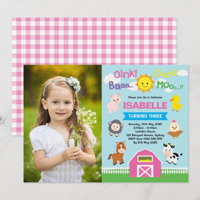 Cute Pink Barnyard Farm Animals 1st Birthday Photo Invitation (Front/Back)
