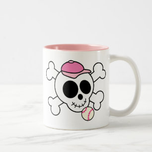 Cute Pink Baseball Skull and Crossbones Two-Tone Coffee Mug