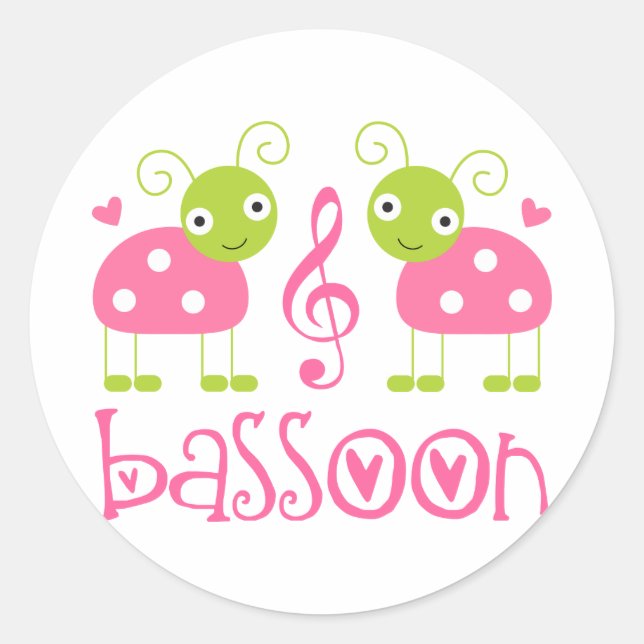Cute Pink Bassoon Ladybug Music Gift Classic Round Sticker (Front)