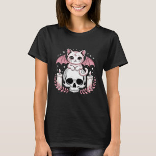Cute Pink Bat Cat Sitting On Skull Skeleton Candle T-Shirt