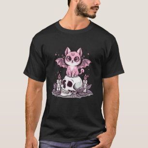 Cute Pink bat Winged cat Sitting on Skull with Can T-Shirt