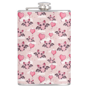 Cute pink bats and hearts hip flask