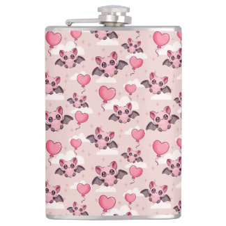 Cute pink bats and hearts hip flask