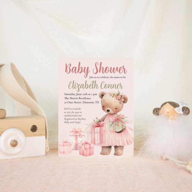 Cute Pink Bear Baby Shower Girl Invitation (Cute Pink Bear Baby Shower Girl Invitation)