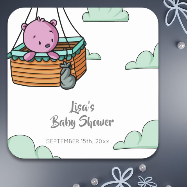Cute Pink Bear Cub Baby Shower Square Sticker (Creator Uploaded)