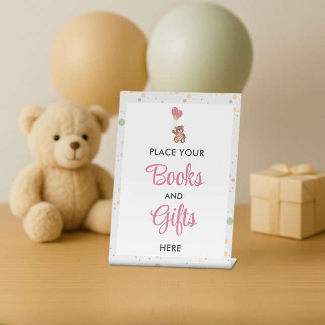 Cute Pink Bear Cub Girl Baby Shower Gift Table Pedestal Sign (Creator Uploaded)