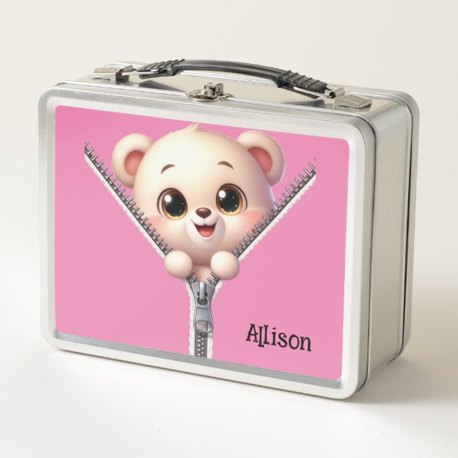 Cute Pink Bear Customisable Name  Metal Lunch Box (Front)